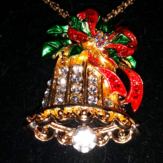 White Crystal Holiday Bell Brooch Pendant Necklace 15$